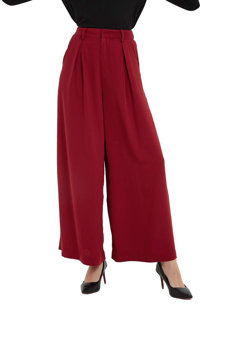 Tronjori Women High Waist Casual Wide Leg Long Palazzo Pants Trousers Regular Size(L, Dark Red) - Image 1
